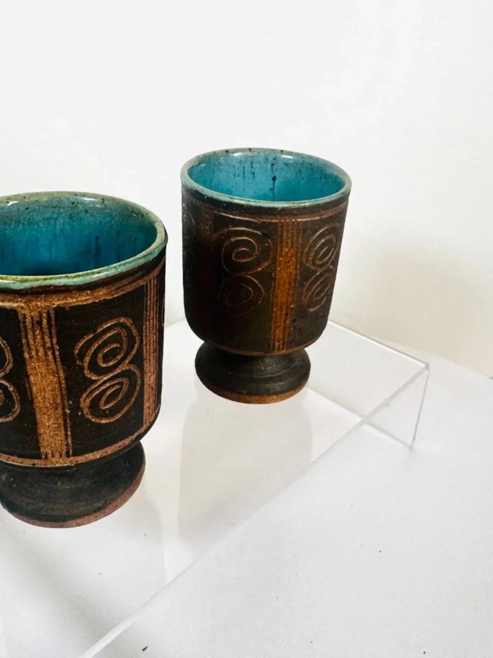 Vtg Set 2 Studio Pottery Stoneware Pedestal 3.25